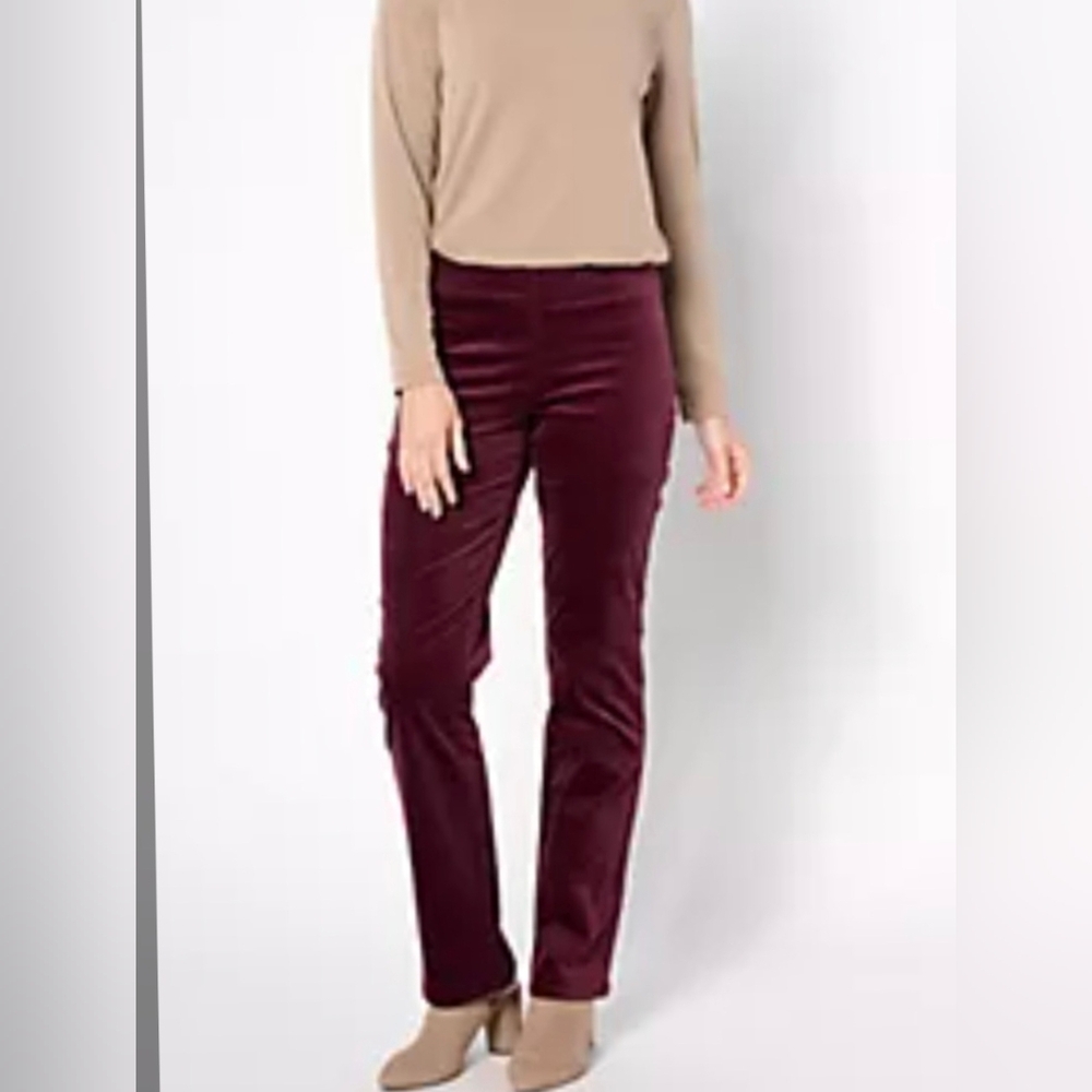 Denim & Co Purple Crushed Velvet Pull Up Pants QVC XL New No Tags Slight Bootcut